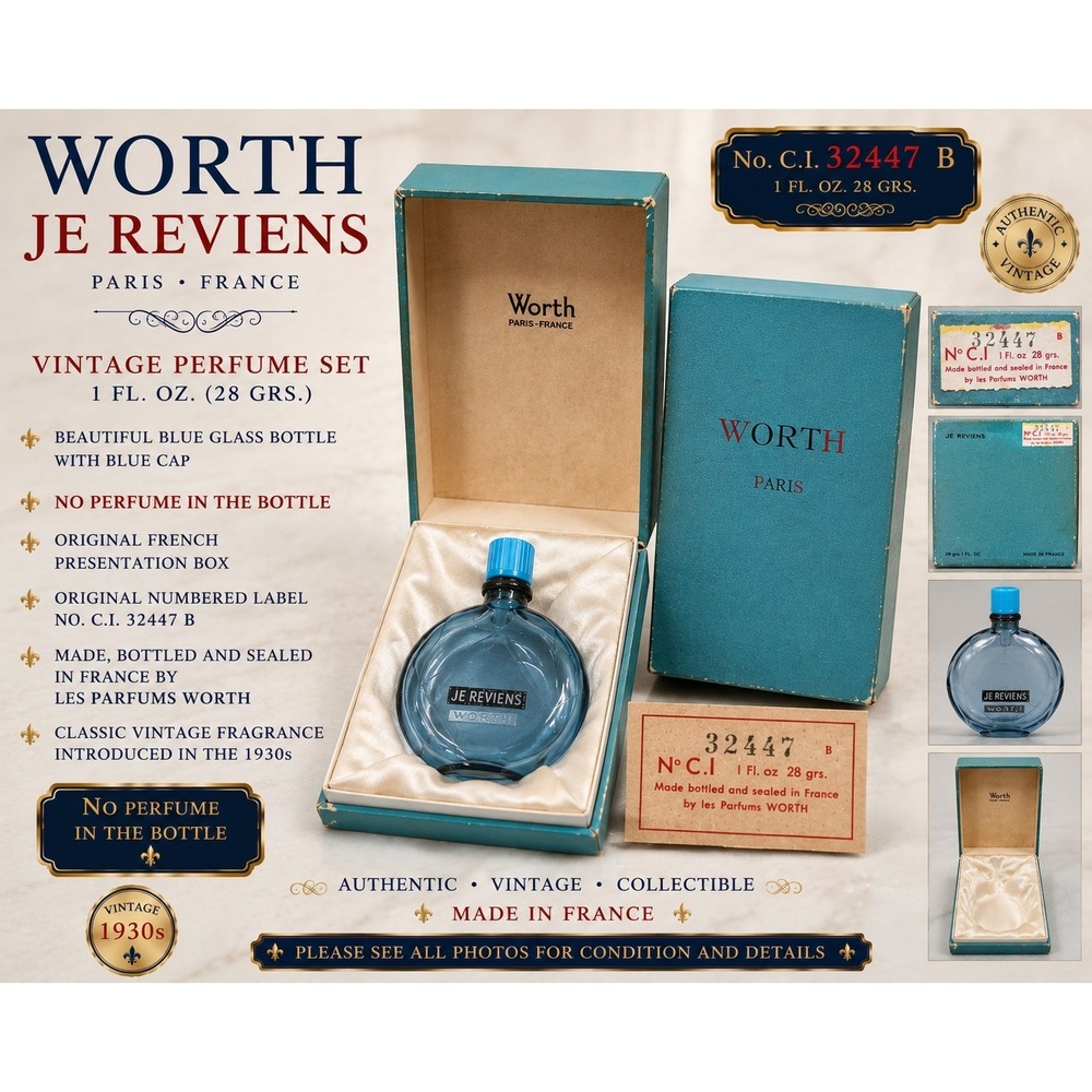 Vintage Worth Je Reviens Paris Perfume Bottle Empty Set Blue Glass Box 32447 B